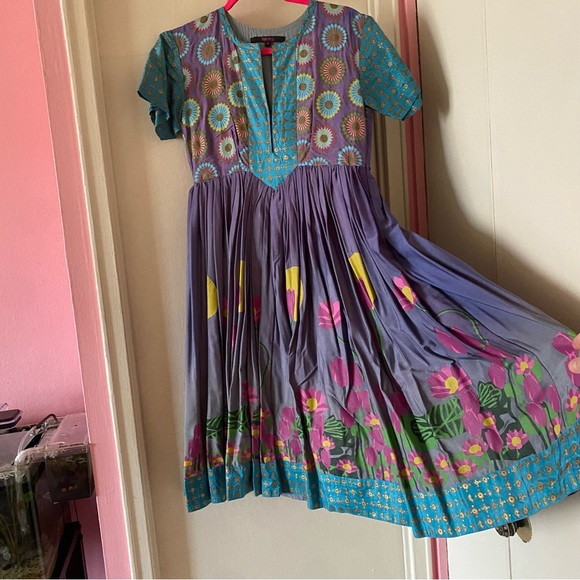 Anthropologie Dresses & Skirts - Fish Fry Anthropologie Blue and Purple Floral Midi Dress with Waist Tie in Back